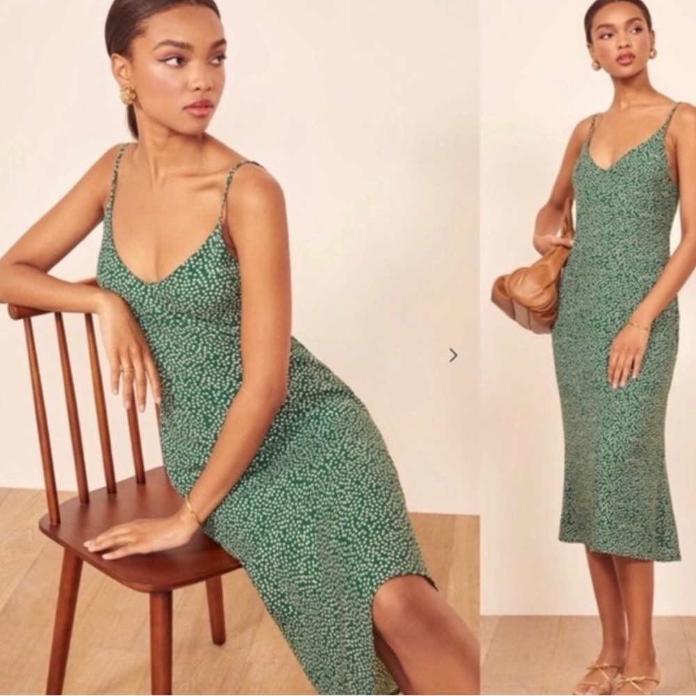 Reformation Green Spotted Midi Slip Dress